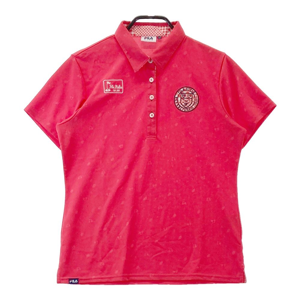 ✨未使用級/現行/LL✨フィラゴルフ ポロシャツ 総柄 エンブレム 吸汗速乾 未使用サイズLL/FILA GOLF総柄プリント/吸水速乾/半袖BD