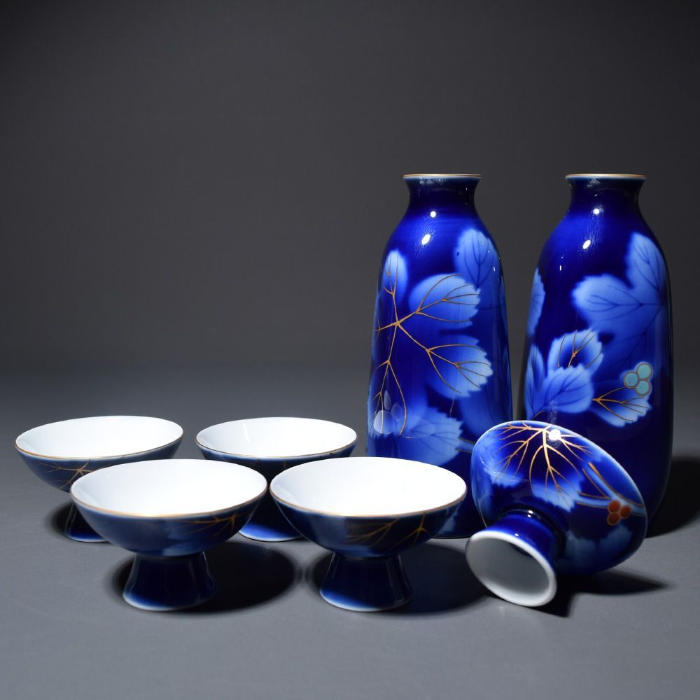 新品未使用品 有田焼 宮内庁御用達 深川製磁 瑠璃葡萄 酒器揃 徳利 盃