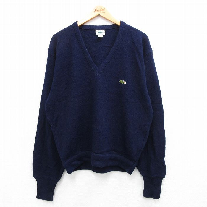 L/古着 ラコステ LACOSTE IZOD 長袖 セーター メンズ 90s ワンポイントロゴ アクリル Vネック 紺 ネイビー 23oct24 中古 ニット トップス