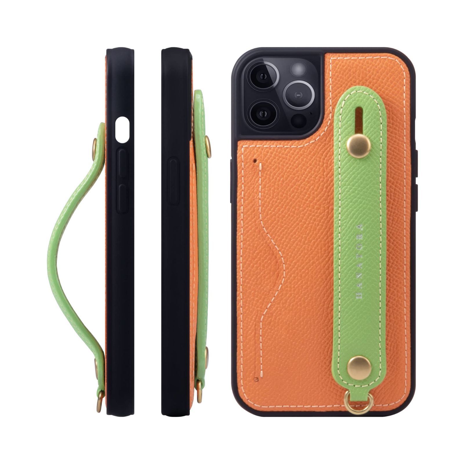 NCGH-12Pro-Orange-GN オレンジ グリーン マグネットなし ギフト エンボスレザー 付き ストラップ ネック スタンド機能 スマホ スマホケース カードポケット 背面ベルト 耐衝撃 本革 ケース 12Pro iPhone12 HANATORA