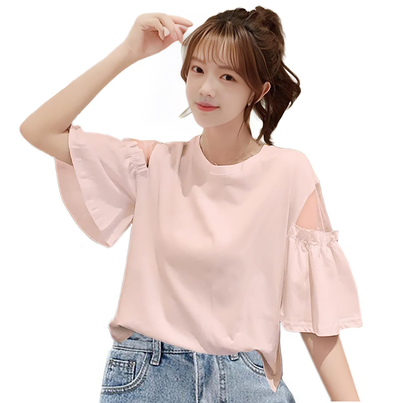 体型カバー 着痩せ シンプル カジュアル ゆるい袖 無地 カットソー 薄手 ゆったり 韓国ファッション ガーゼ 通勤 切り落とす 裸の肩 フリル ラウンドネックトップス 五分袖 春夏 半袖 ブラウ