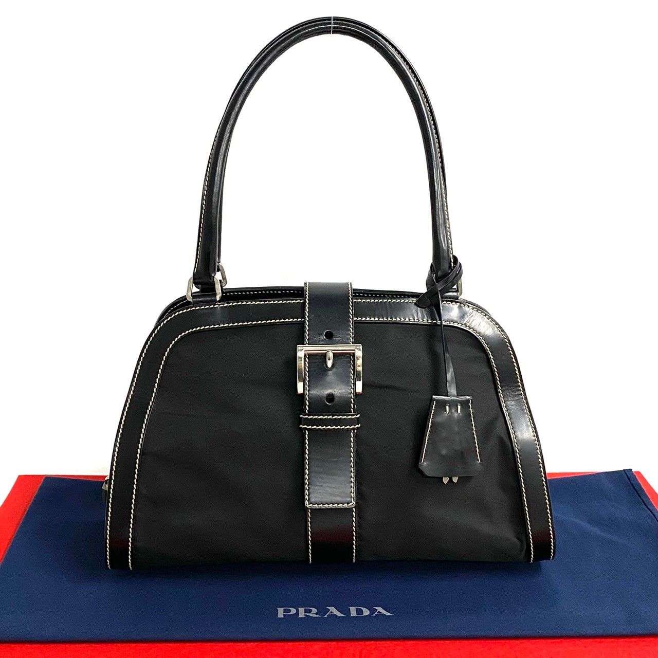 希少 PRADA プラダ ハンドバッグ ベルト ナイロン 三角ロゴ レザー
