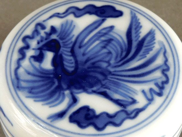 宮内庁御用達　十四代　辻常陸　染付鳳凰文　香合 宮内庁御用達 十四代 辻常陸 染付鳳凰文 香合 宮内庁御用達 十四