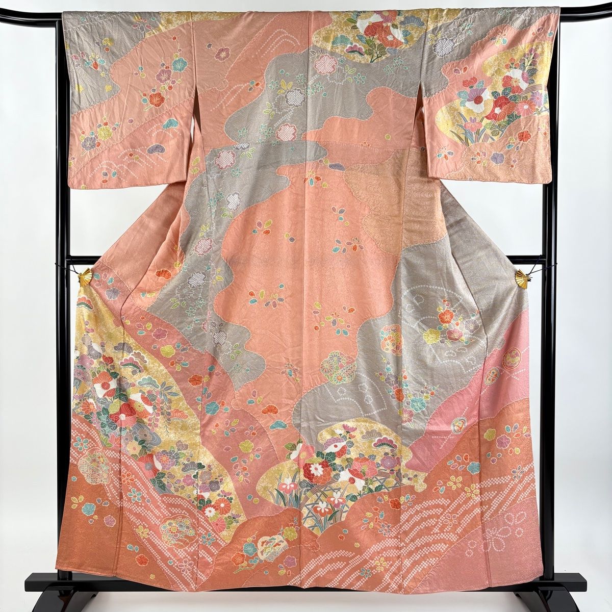 訪問着 身丈159cm 裄丈66.5cm M 袷 購入 草花 流水 金彩 ピンク 正絹