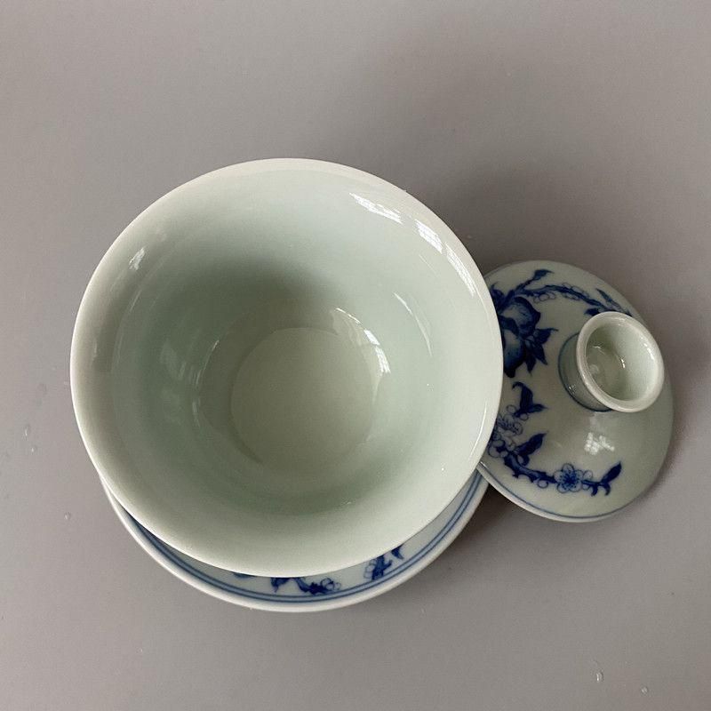中国茶器 青花釉下寿桃三才蓋碗 茶器 茶碗 景徳鎮 未使用品 中国茶器 青花釉下寿桃三才蓋碗 茶器 茶碗 景徳鎮 未使用品