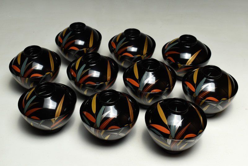 蔵C9514b 木製漆器 色笹文蒔絵 吸物椀 汁椀 十客