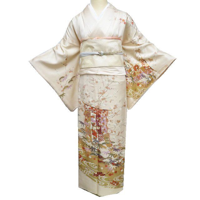 訪問着 着物 中古 正絹 袷 フォーマル 花の図 松竹梅 流水に筏