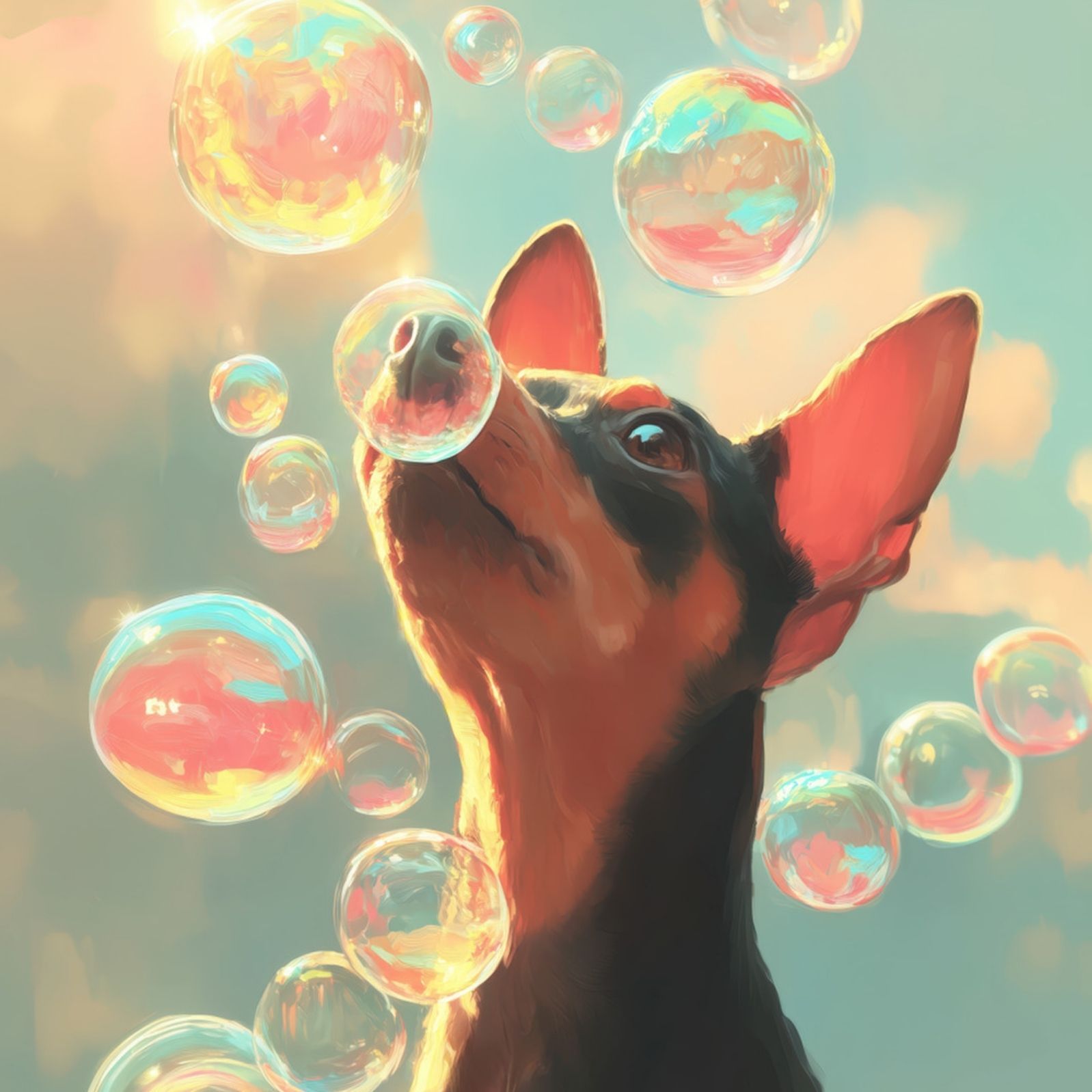 名入れOK 犬とシャボン玉 - ミニチュア ピンシャー犬 No.1 アートポスター うちの子記念日 ペットロス 北欧 ナチュラル