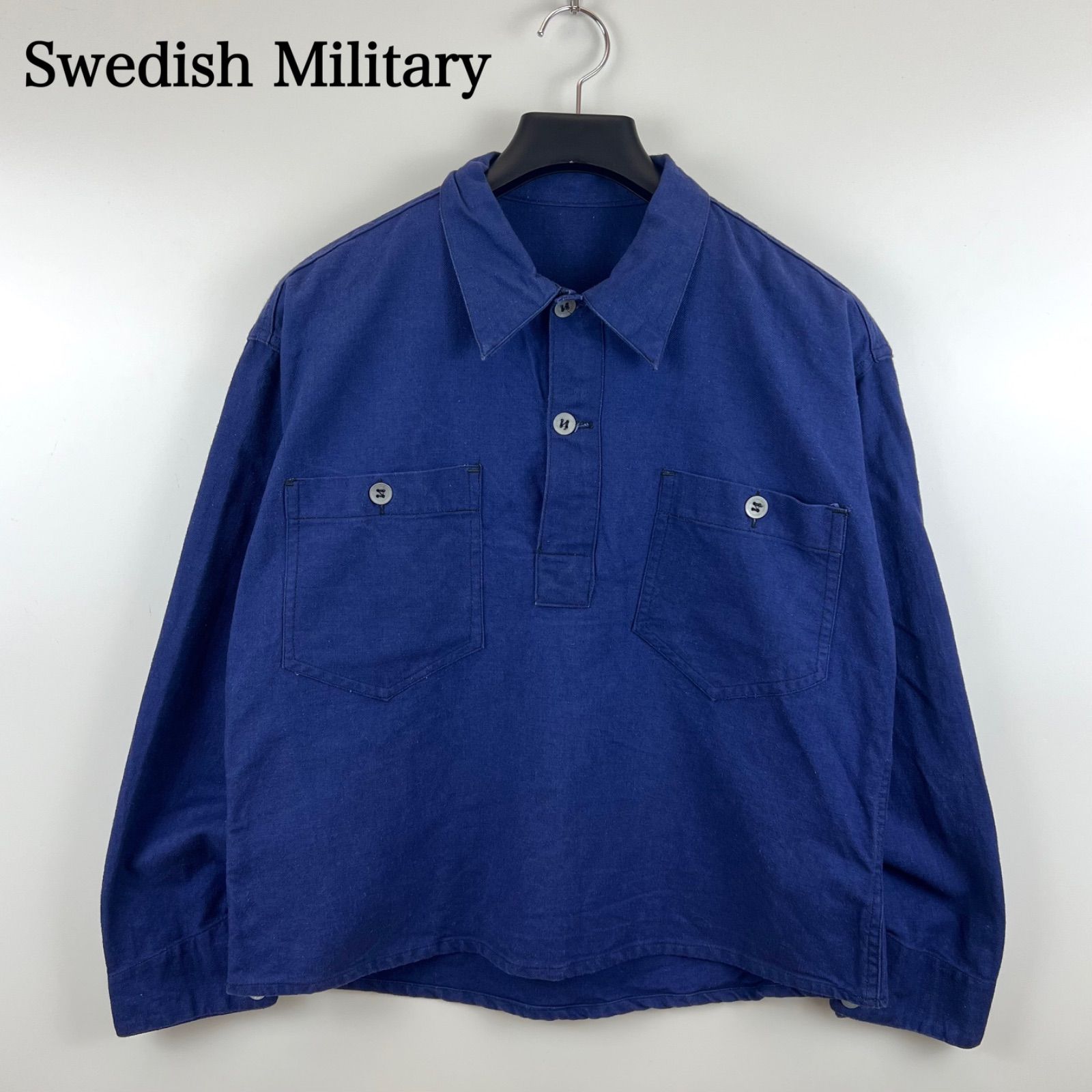 MILITARY 1940S Swedish Military P|O Shirts metal button スウェーデン軍 プルオーバー 長袖シャツ メタルボタン 王冠マーク ヴィンテージ 短丈