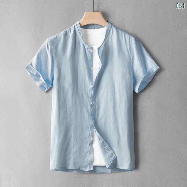 L 60〜70kg メンズ ファッション 服 男性用 オシャレ シンプル 大人 かっこいい 大きいサイズ ストリート 紳士服 スタンドカラー 半袖 リネン シャツ 夏 薄手 トップス カジュアル 快 リネン 生地 シャツ CAMPINGPARCCENTRAL_COM