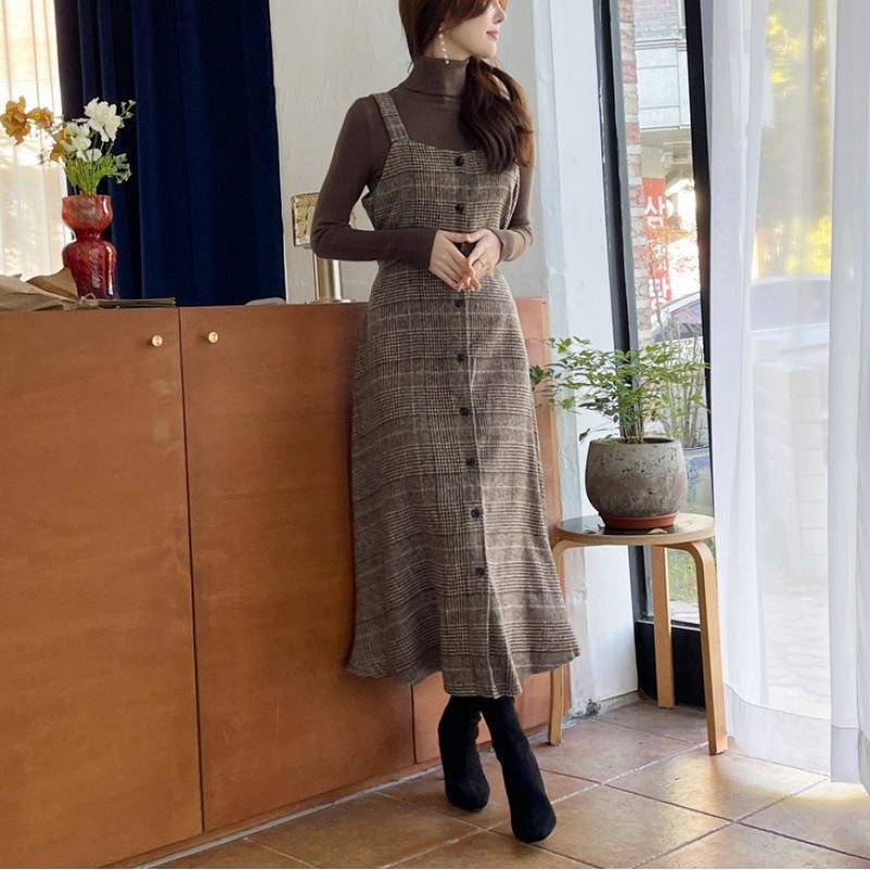 チェック柄 ワンピース レディース サロペットワンピース 秋冬 ロング丈 チェック 重ね着 ジャンパースカート ロングワンピース 体型カバー