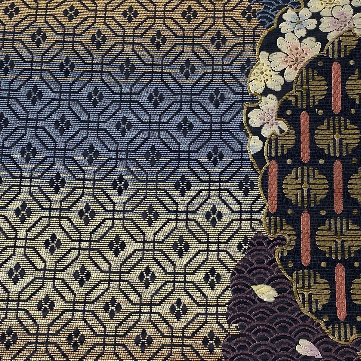 袋帯 美品 逸品 やまと 雪輪 桜 金糸 青灰色 六通 正絹 【中古