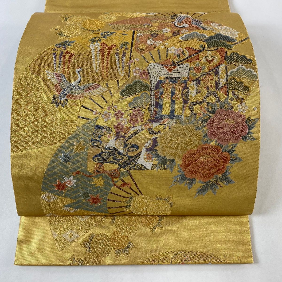 袋帯 名品 長嶋成織物 落款 瀞金錦 扇 御所車 金糸 箔 金色 六通 正絹