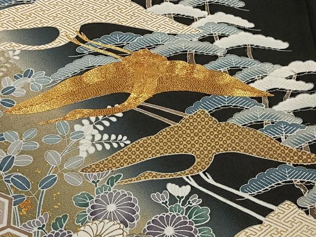 ◆豪華■正絹総絞り■吉祥飛鶴文■黒地■金彩加■振袖一式 ◇豪華□正絹総絞り□吉祥飛鶴文□黒地□金彩加□振袖一式