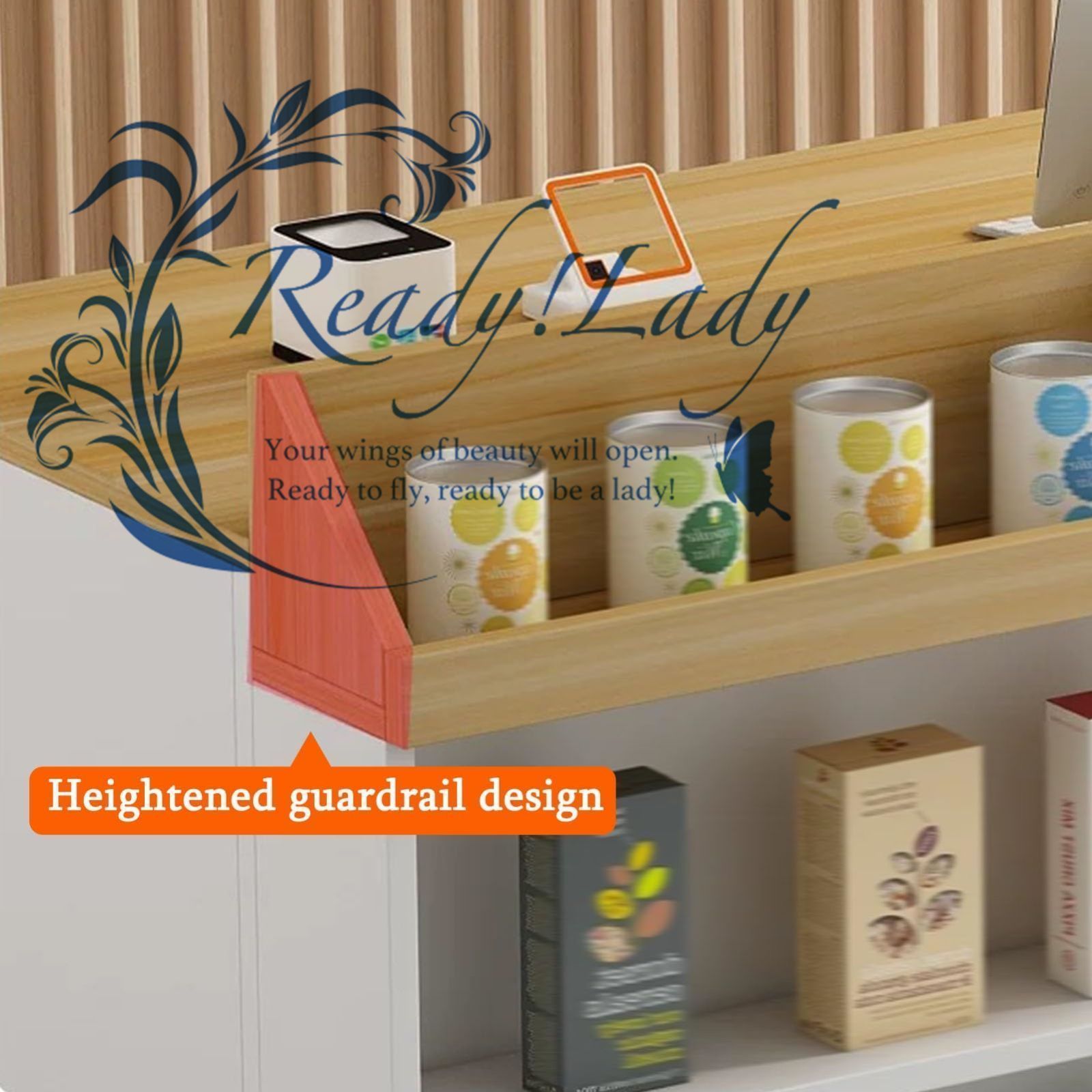 小売店チェックアウトカウンター オープンシェルフ付きフロントカウンターデスク