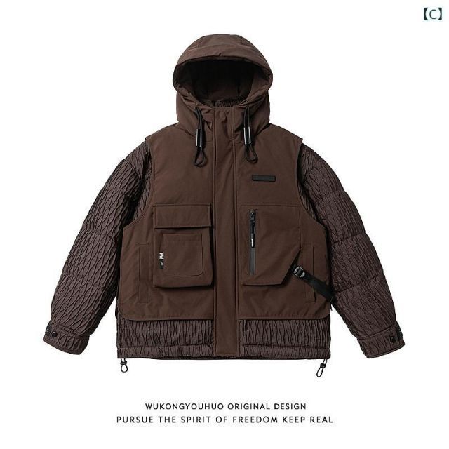 L 秋冬 コーデ メンズ 服 シンプル ファッション オシャレ 大人 かっこいい 大きいサイズ ストリート 紳士服 アウトドア ワークウェア フード付き ダウン ジャケット アウター 機能的 ウィンド フェイク ツーピース 暖かい KANDAIZUMI_COM