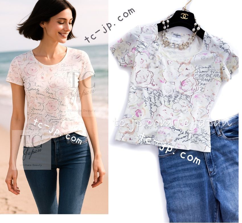 【華やかな印象へ♪】CHANELトップス Tシャツ カメリア シャネル Tシャツ トップス CHANEL アイボリー 系 カメリア柄