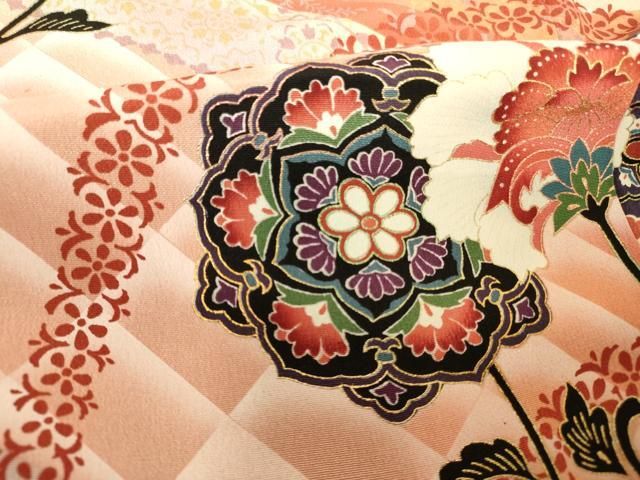 【北海道限定】テラコッタ 花柄模様　⬜︎ 約23cm角 平和屋着物□豪華黒留袖 作家物 駒刺繍 鳳凰更紗花文 暈し染め