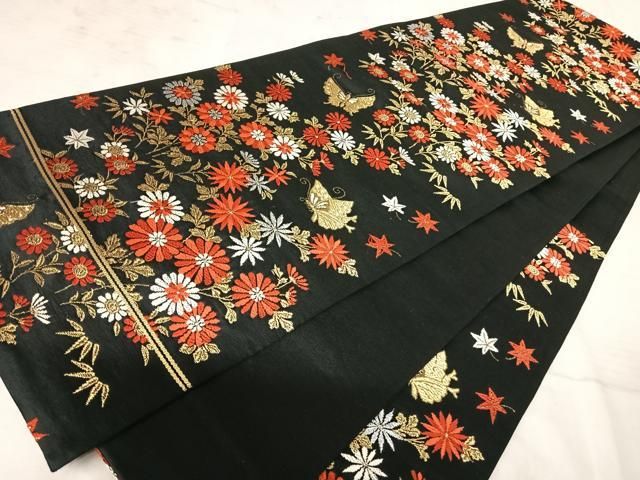 平和屋着物◎六通柄京袋帯 花蝶文 黒地 金糸 正絹 逸品