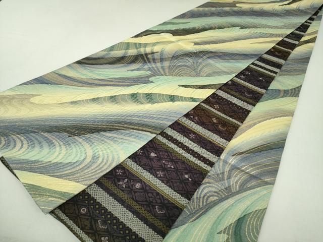 平和屋着物●両面　全通柄袋帯　ふくれ織　霞文　金糸　さが美扱い　正絹　逸品　DAAQ3062ps 平和屋着物○両面 全通柄袋帯 ふくれ織 霞文 金糸 さが美扱い