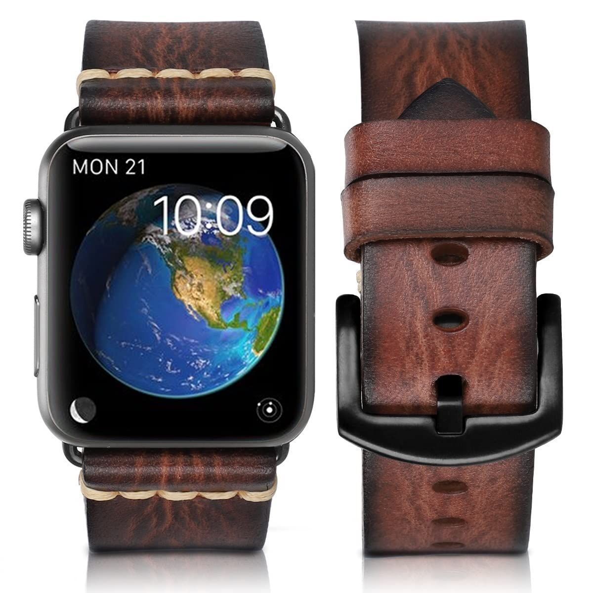 [HUAFIY] 互換のAppleWatchバンド 42mm 44mm 45mm46mm49mm レザーストラップ交換用ストラップiWatchシリーズ 10/9/8/7/6/5/4/3/2/1、スポーツバージョン。2024年の新しい手磨きレザー (