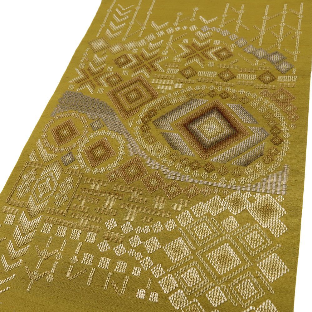 名古屋帯 読谷山 花織 黄茶 幾何学 お仕立て上がり カジュアル お洒落