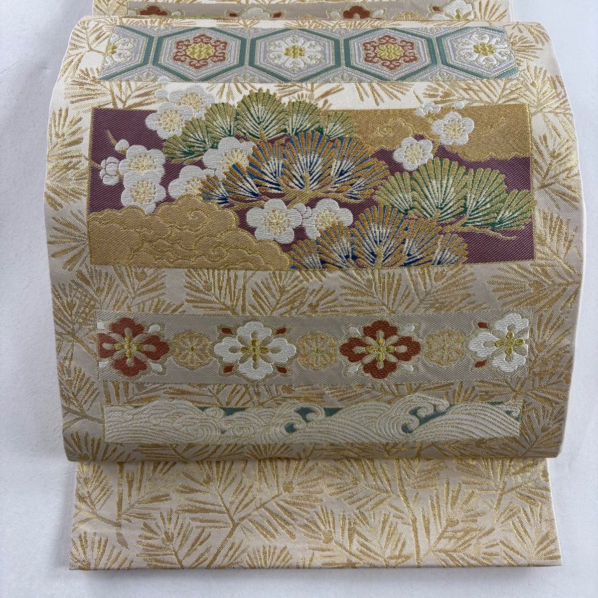 袋帯 美品 名品 川島織物 落款 松竹梅 亀甲 金銀糸 箔 金色 六通