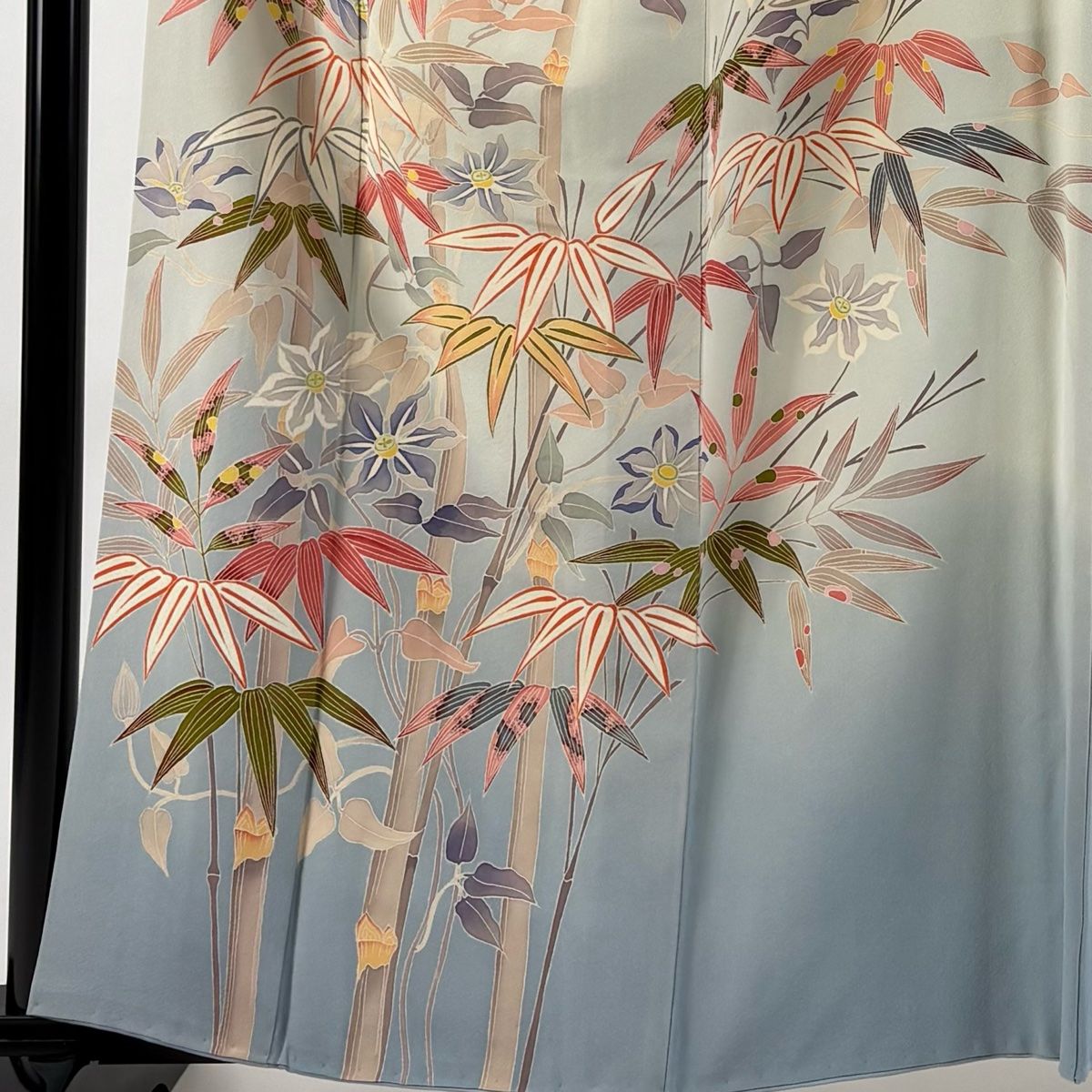 訪問着 身丈160cm 裄丈65cm M 袷 落款 竹 草花 ぼかし 青灰色 正絹