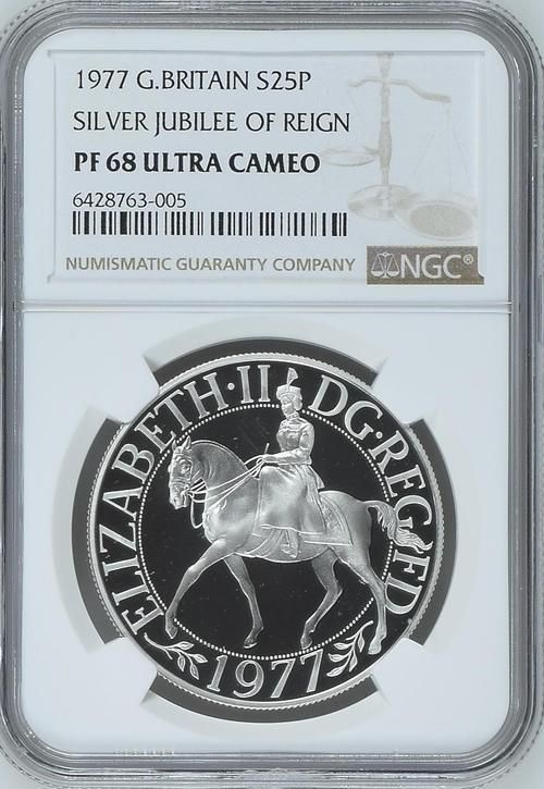 1977 シルバー ジュビリー 25ペンス プルーフ銀貨 NGC PF69UC③ イギリス 1977 エリザベス2世 25ペンス 銀貨 NGC PF69UC 即位25
