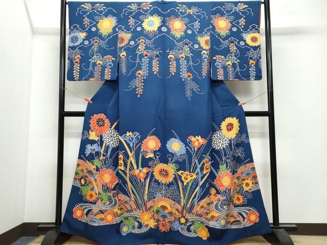 平和屋着物○訪問着 紅型 籬流水草花文 鬼しぼ縮緬 正絹 逸品