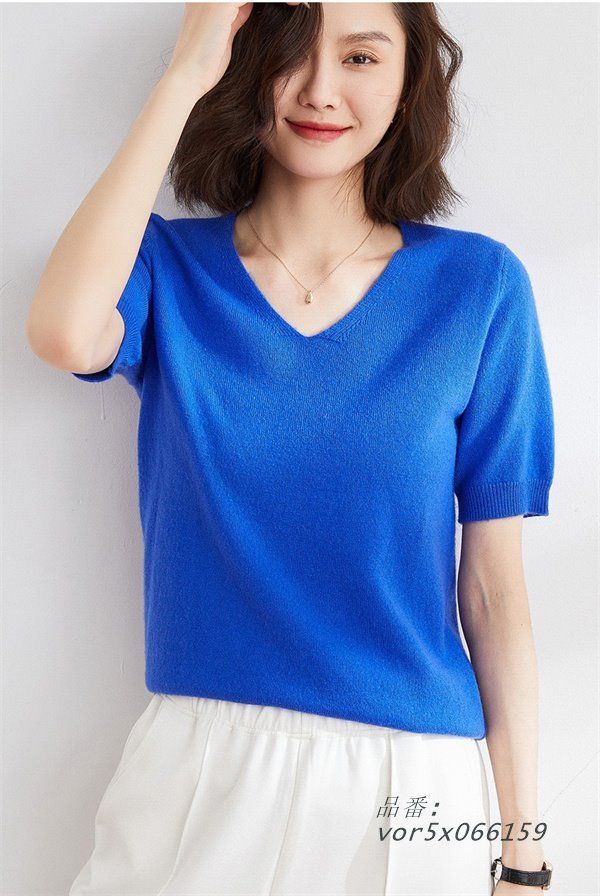 レディース サマーニット半袖 Tシャツ Vネック ゆったり 落ち感