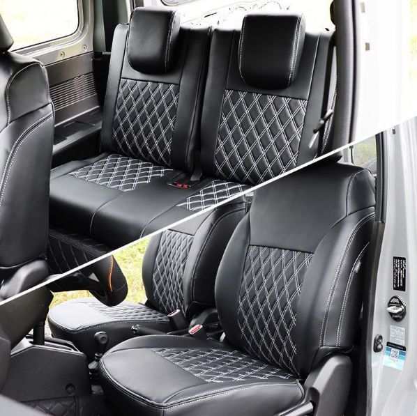 送料無料 新型スズキジムニー JB64|JB74 シートカバー フロント用 レザー 内装パーツ アクセサリー カスタム 設計 前席と後席4点セット 黒＆白 ZYP35今だけセール