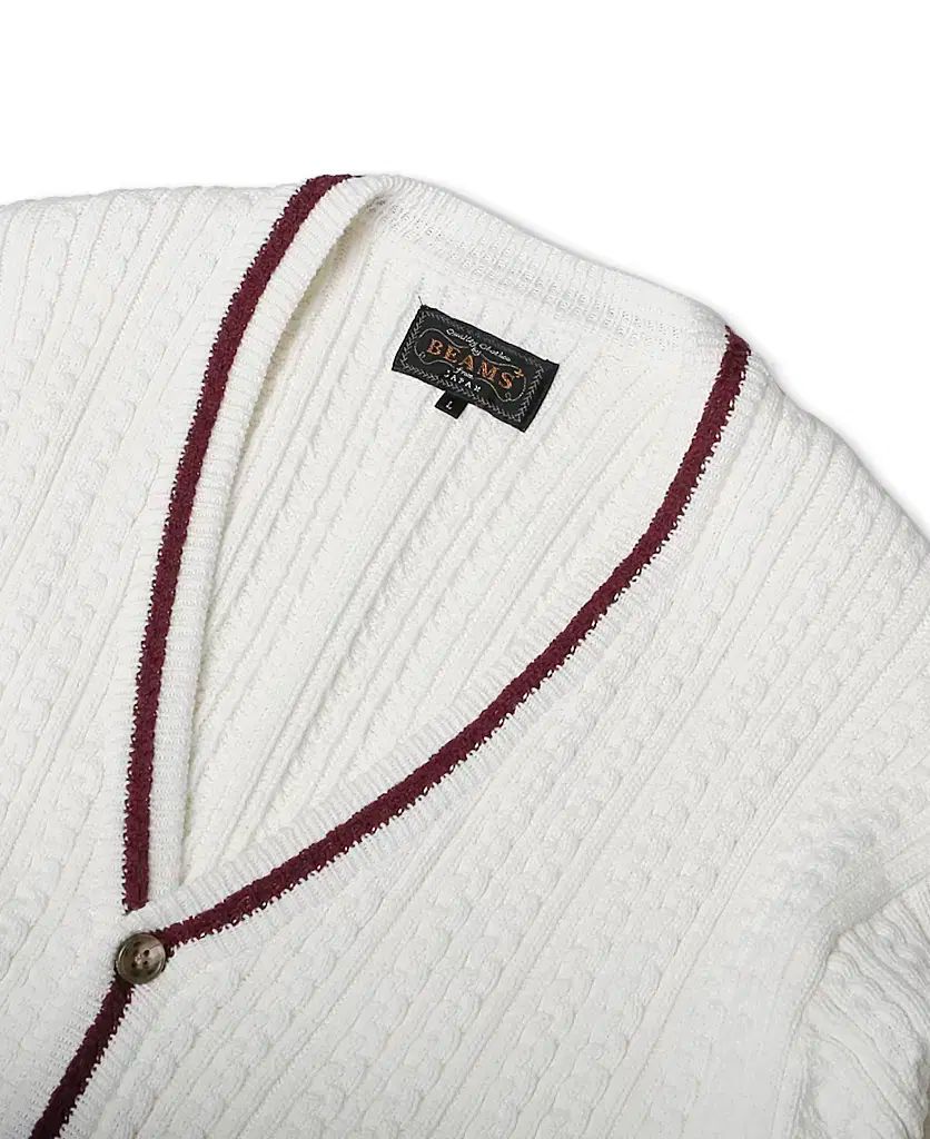 ビームス プラス Beams オフホワイト ケーブル Vネック ニット カーディガン