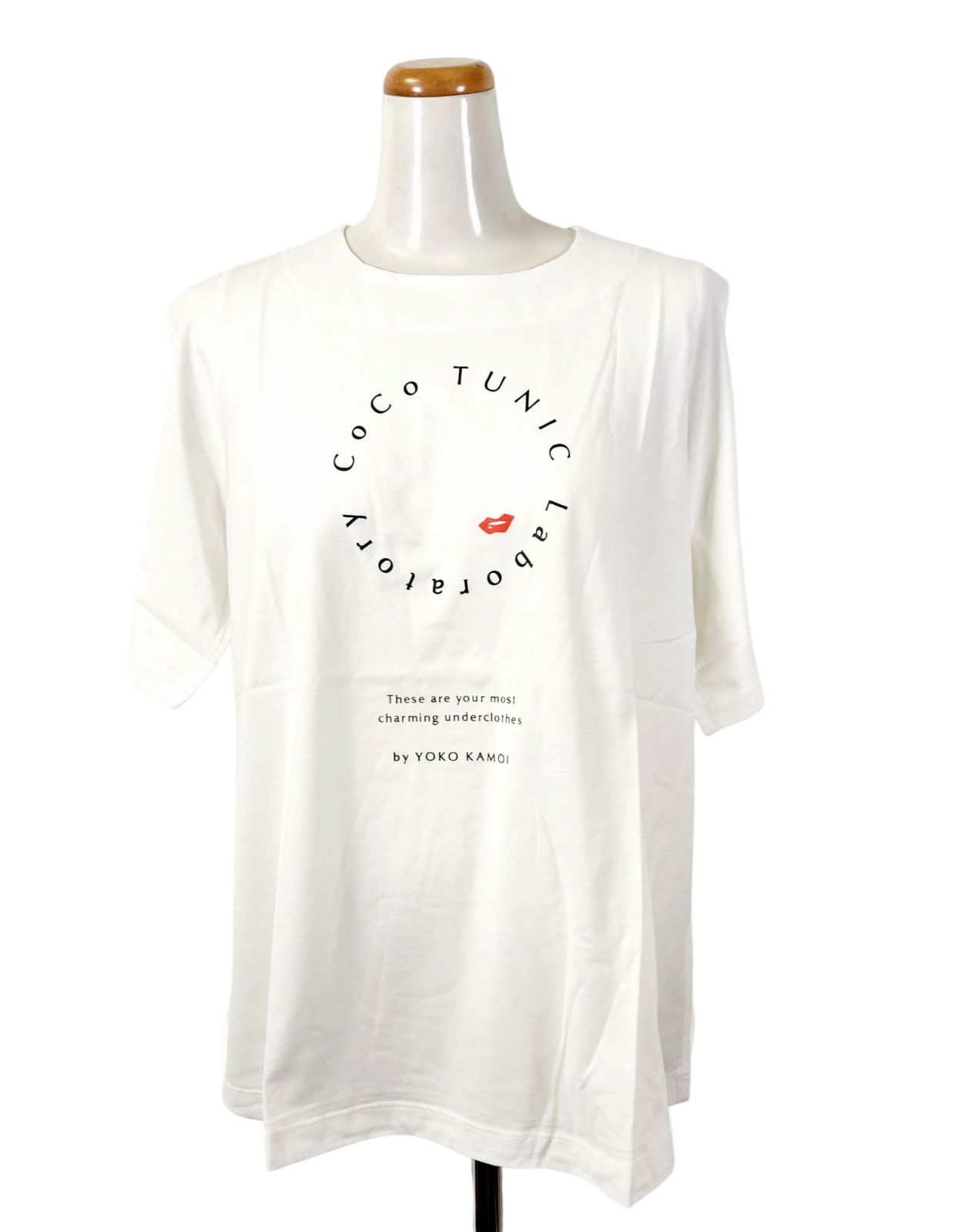春物入荷 鴨居羊子 TUNIC 5分袖Ｔシャツ サークル無地 綿100％ 白色