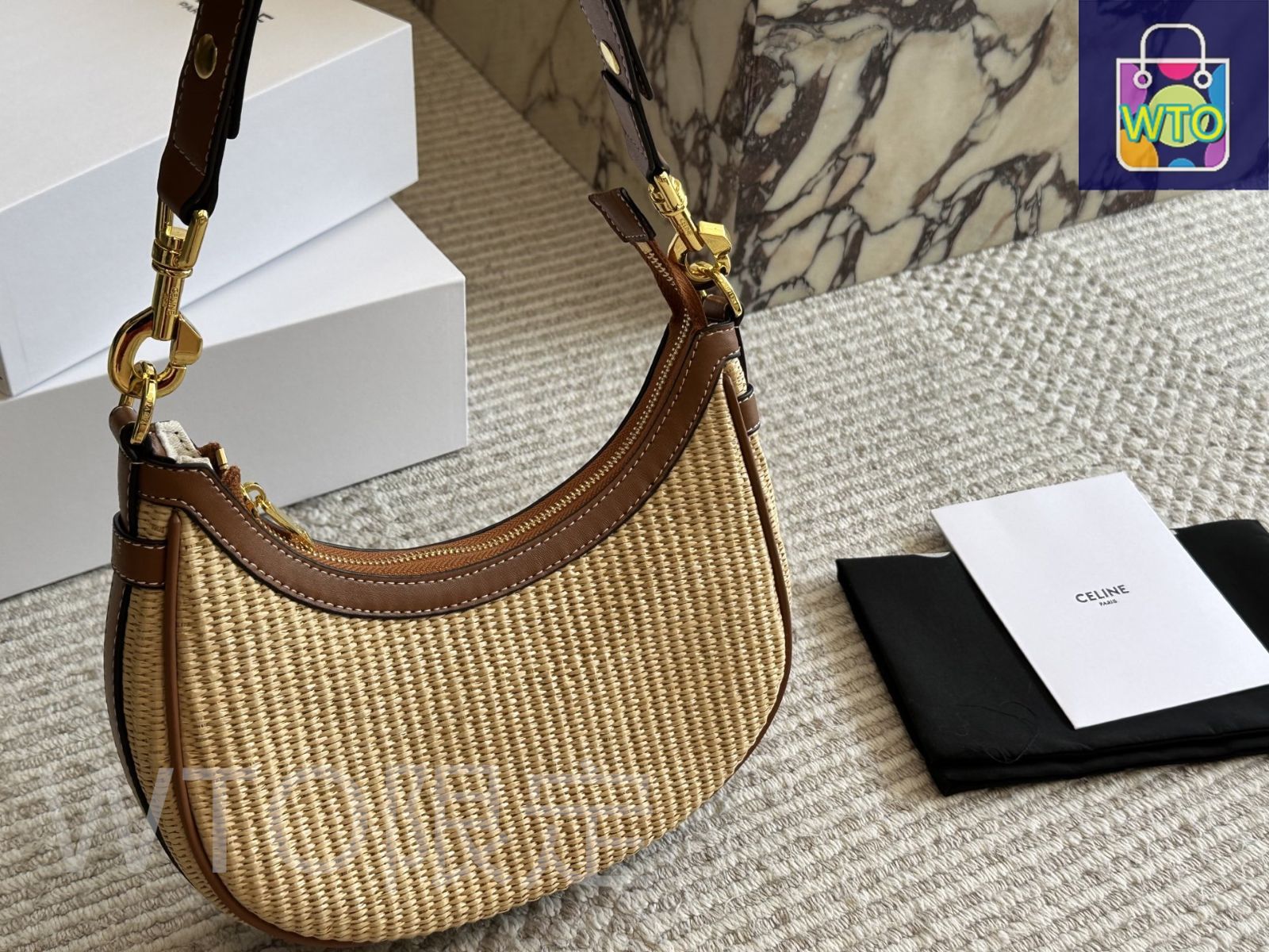 【CELINE】　セリーヌストロー　ツイード　ハンドバッグ CELINE セリーヌ スモール フォールド カバ 2WAY ハンドバッグ