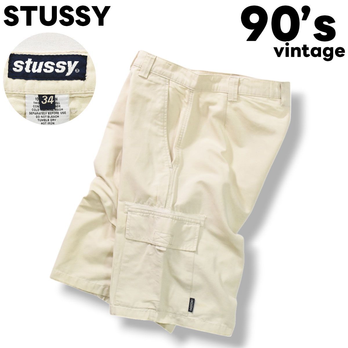 人気 90s ヴィンテージ ステューシー OLD STUSSY カーゴ ショーツ 34 オフホワイト メンズ