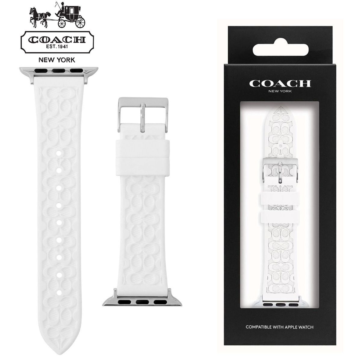 COACH コーチ Apple Watch アップルウォッチ 14700050 バンド ベルト シリコン ラバー ホワイト 白 シルバー Cマーク ロゴ シグネチャー Iwatchシリーズ 9 8 7 6 se 5 4 3 2 1 38mm 40mm 41mm