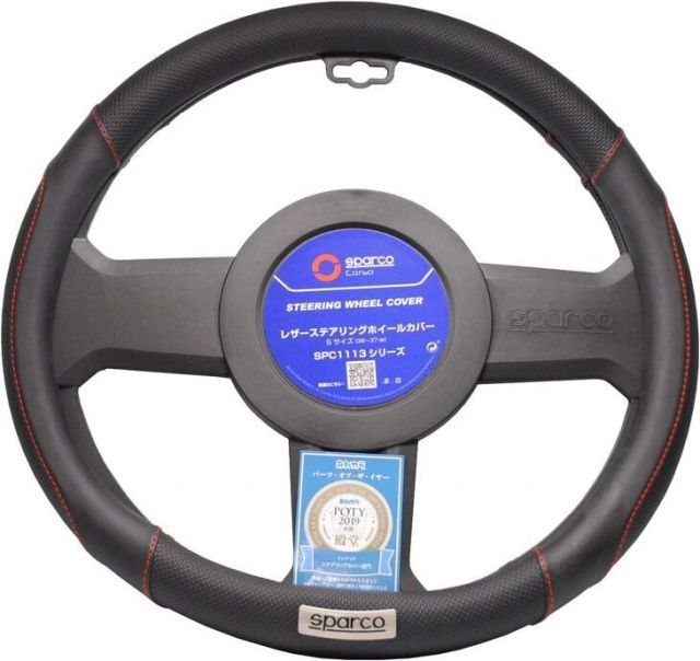 【即納！SPARCO/スパルコ】ステアリングカバー（Sサイズ） ハンドルカバー/ハンドルジャケット　ブラック SPC1113BKJ_S　SPS1113BKJS　レッドステッチ
