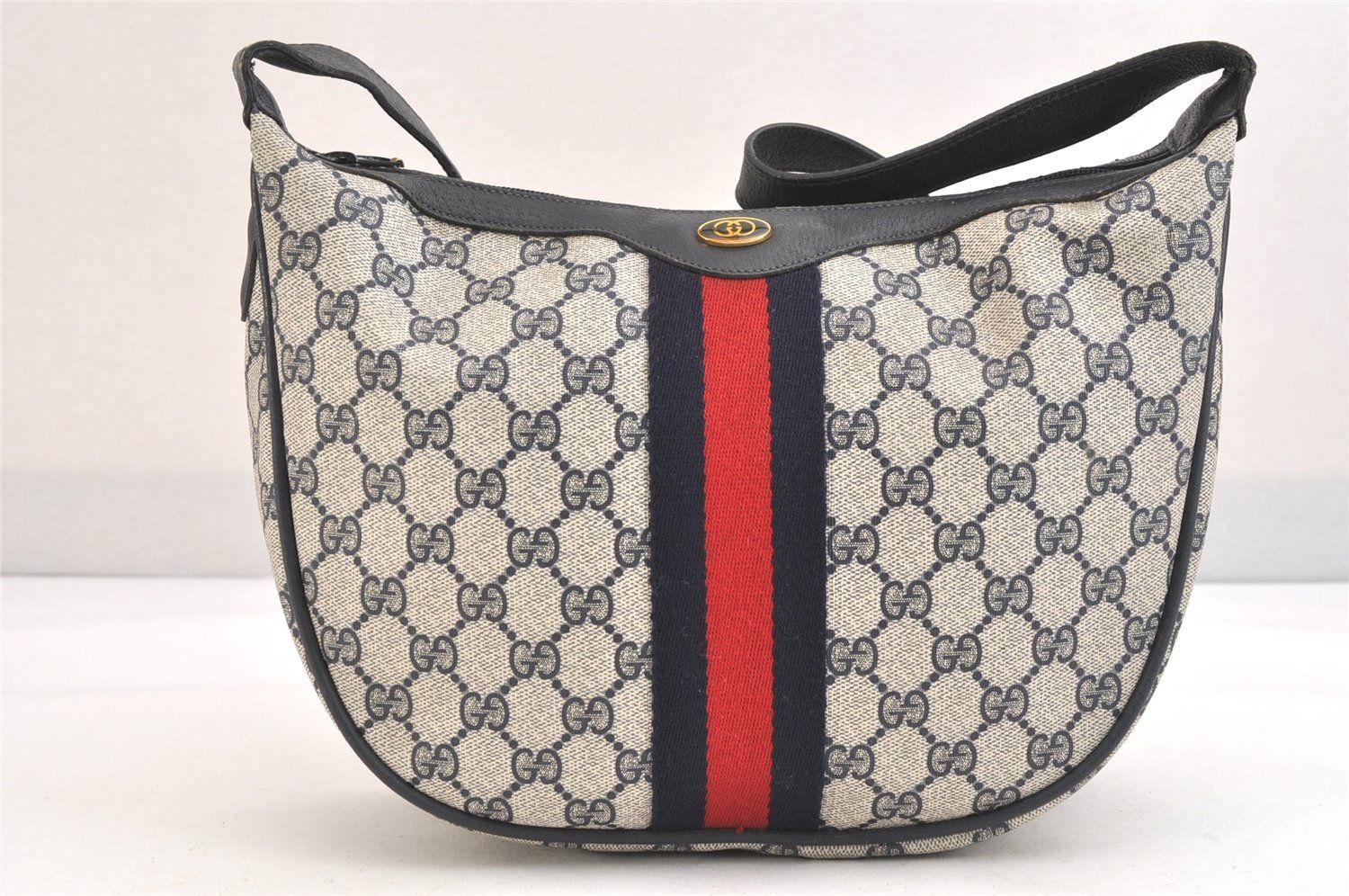 GUCCI グッチ シェリーライン ショルダーバッグ GGピーブイシー レザー ネイビーブルー ジャンク 2457N