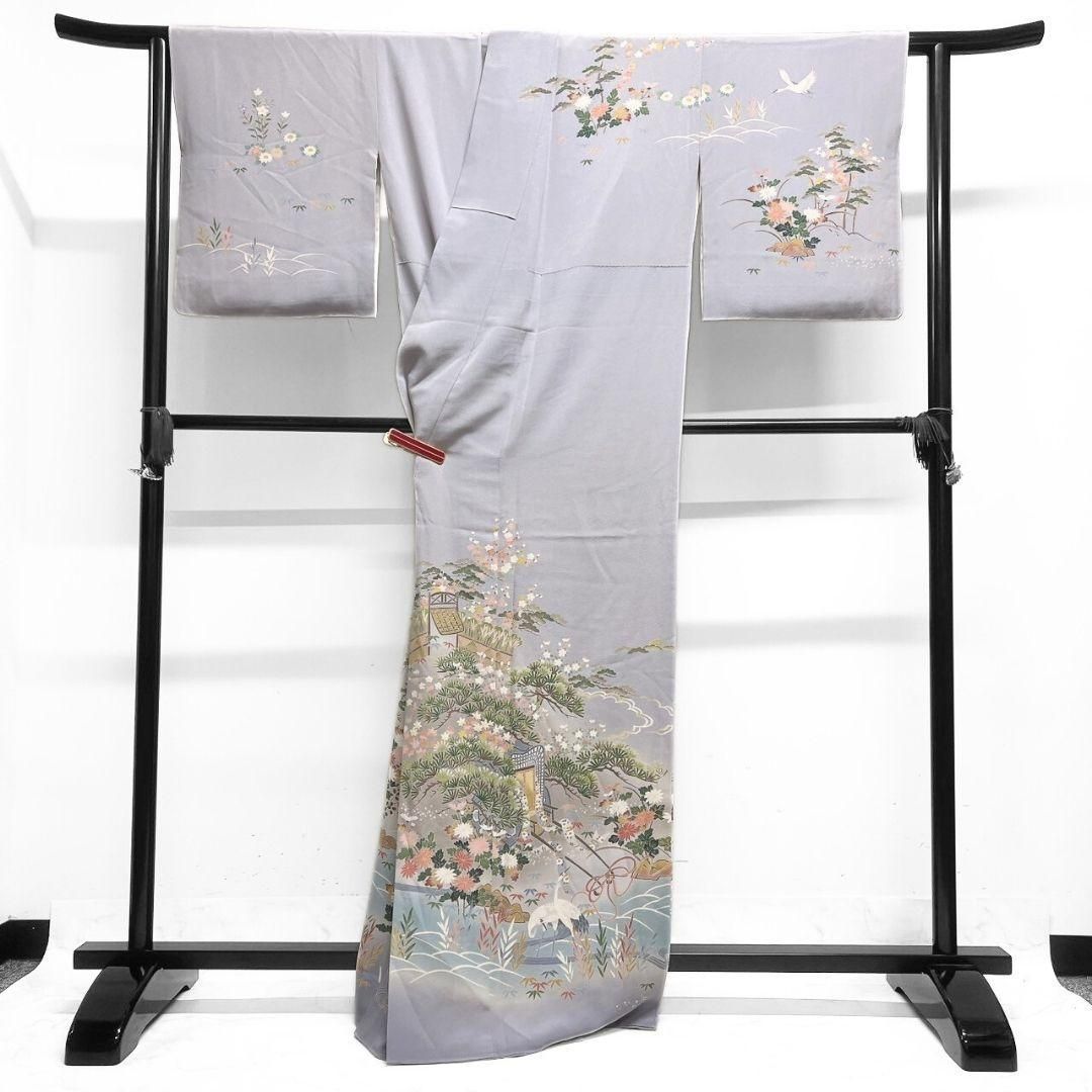 訪問着 岡村蒼風 十日町友禅 松竹梅 鶴 水引 花模様 着物 064a p ゆめ