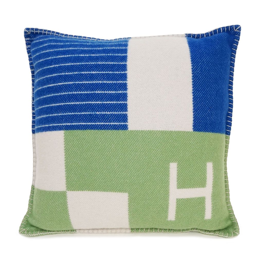 エルメス クッション ジャカード アヴァロン ピアノ ウール90% カシミヤ10% コバルト グリーン ブルー イエロー HERMES ♥保管品