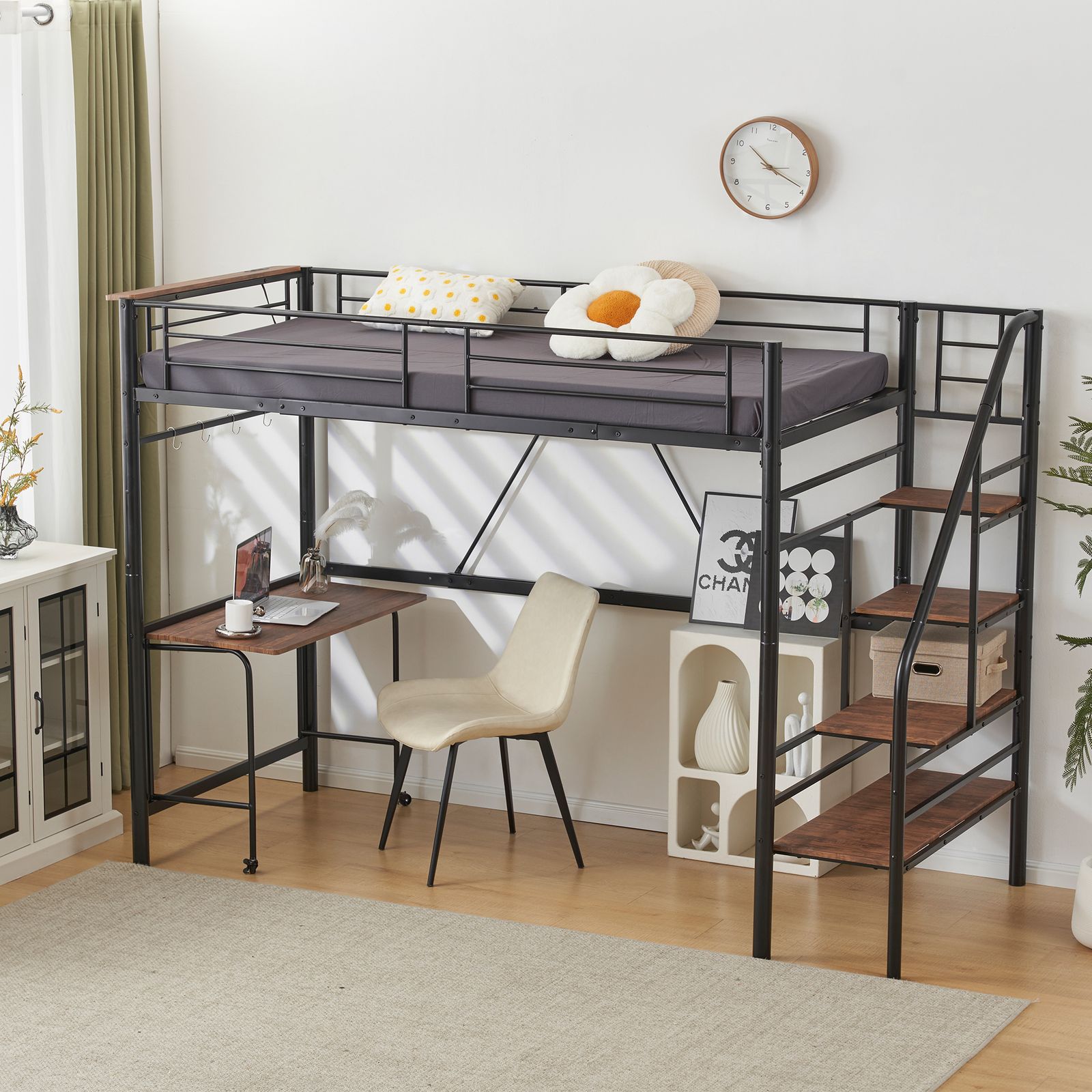 S ロフトベッド 階段付き S パイプベッド シングル 収納 スチール 耐震