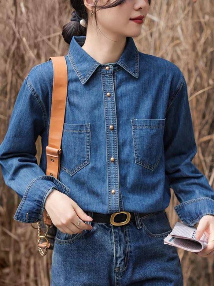 シャツ デニム コンパクト目 ロング レディース デニムシャツ トップス アウター ロングシャツ チュニック ノーカラー フリンジ 長袖 羽織 HUG.U シャツ デニム コンパクト目 ロング レディース デニム