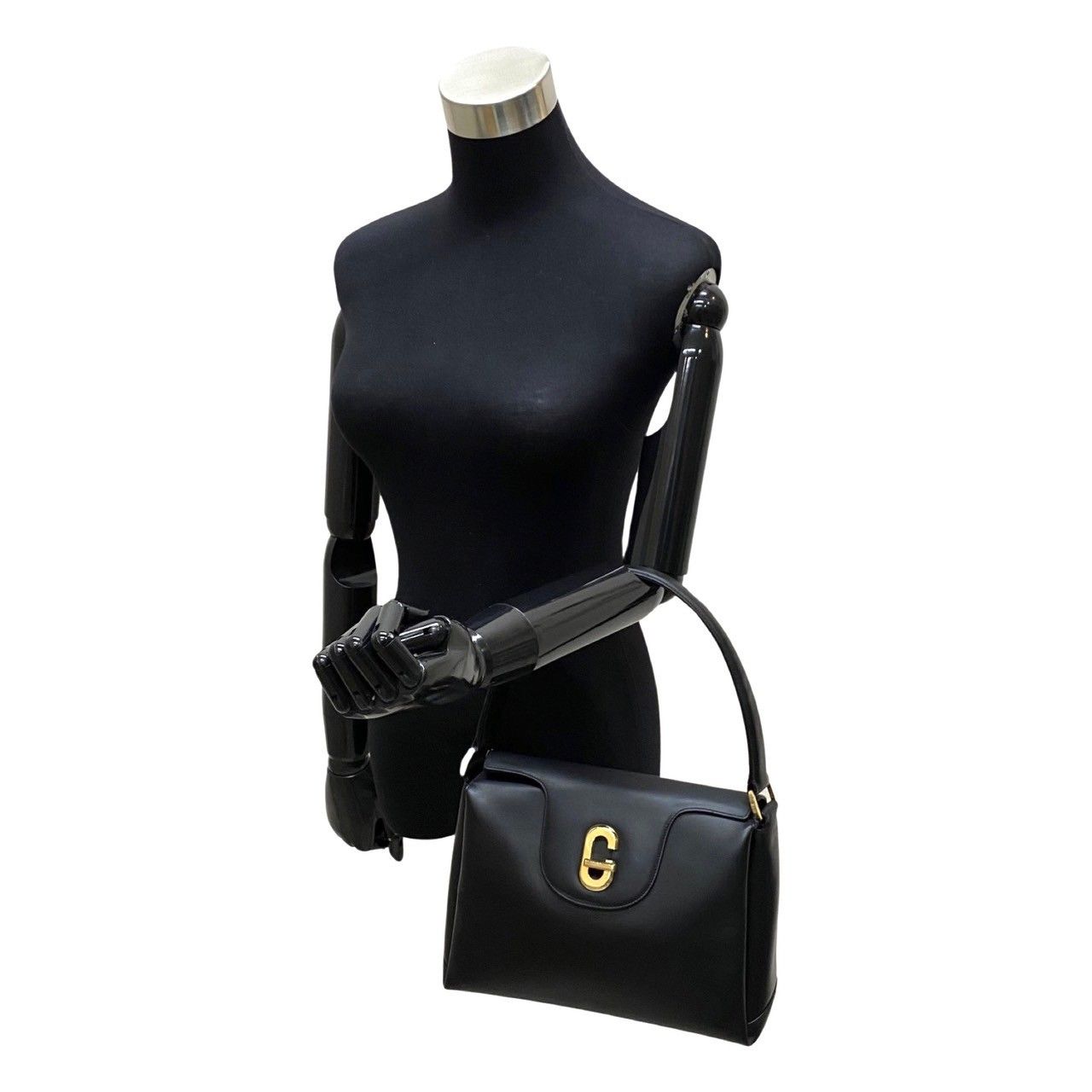 希少 オールド グッチ 黒 レザー ショルダーバッグ Gロゴ金具