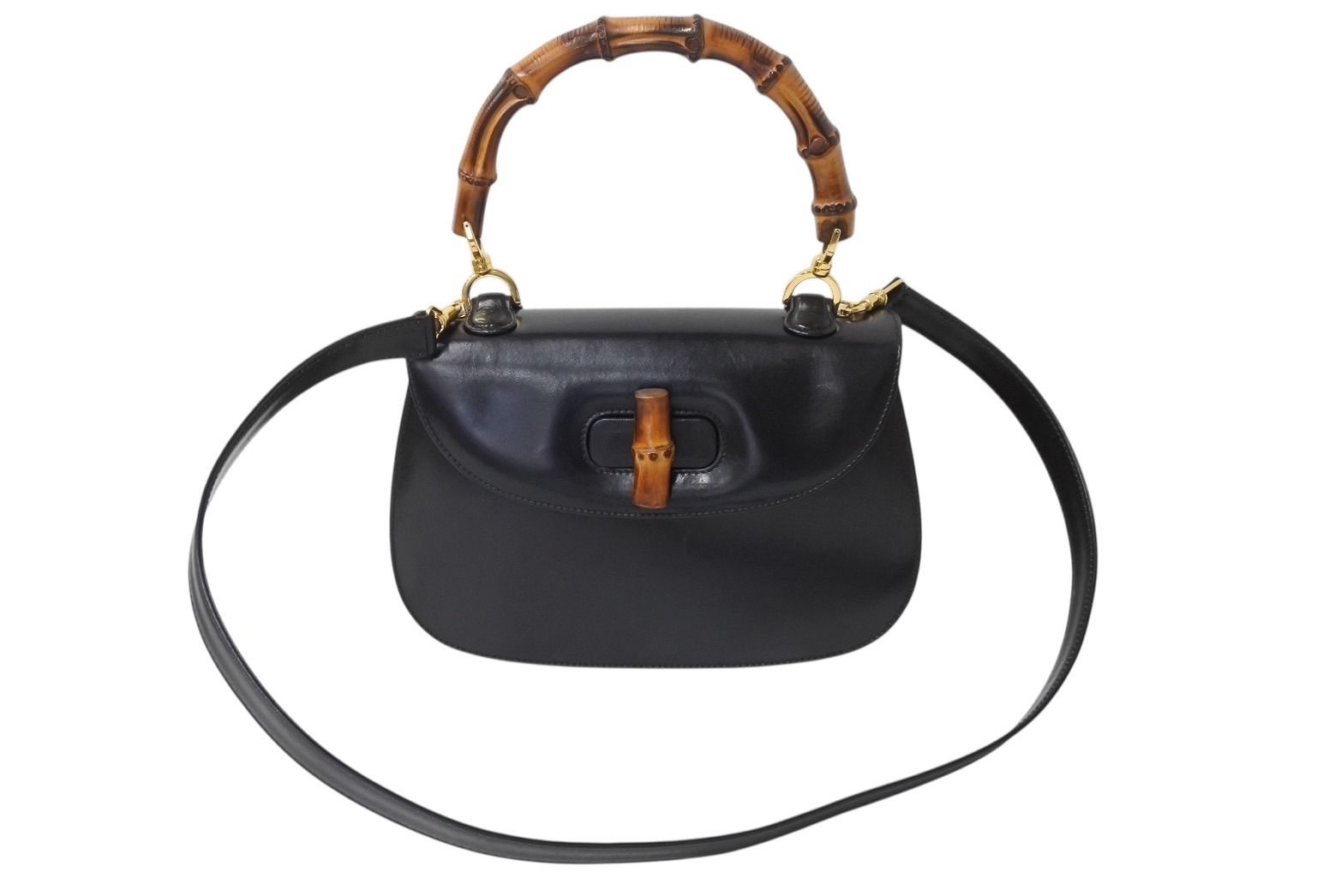 GUCCI グッチ バンブー 2WAY ハンドバッグ 000 1364 0633 カーフスキン ブラック ゴールド金具 ウッド 4b002677