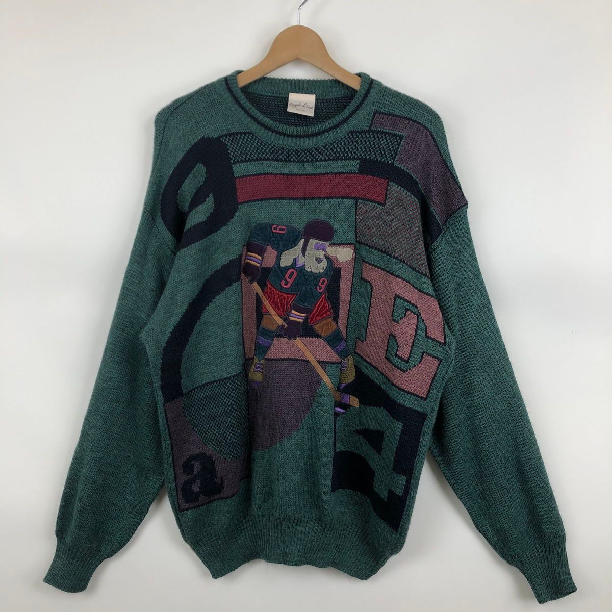 【古着】 Angelo ritlico（Cu0026A） セーター ワッペン 刺繍 犬 ホッケー グリーン系 メンズL 【中古】 n033587