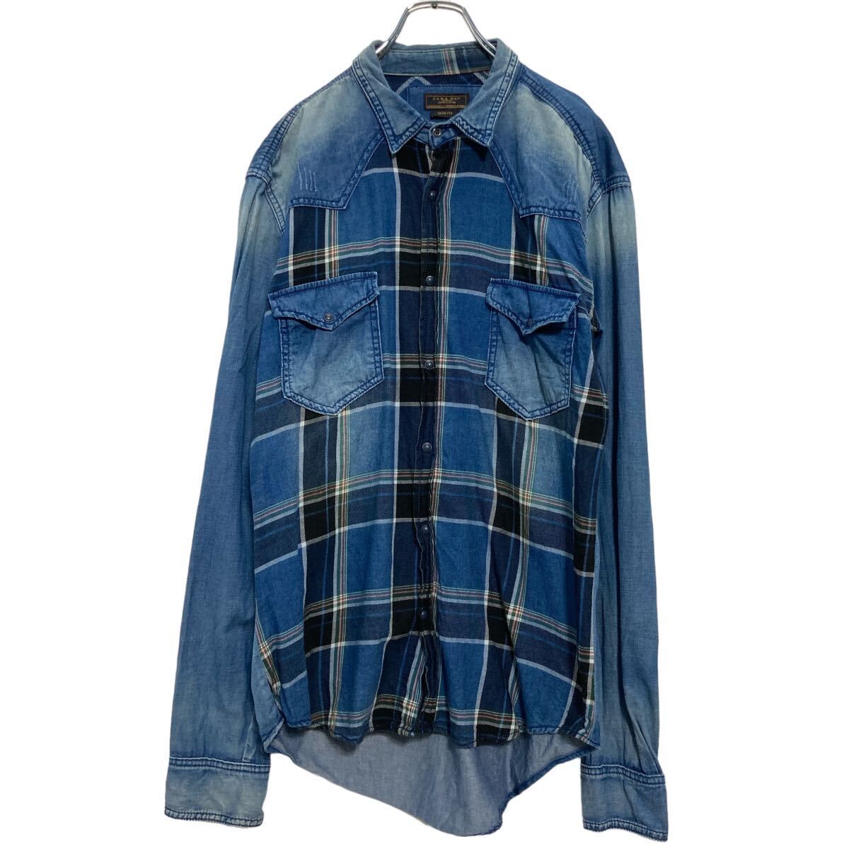 ZARA MAN 長袖 デニム チェック ウエスタンシャツ L～ ブルー ネイビー ザラ スナップボタン 古着卸 アメリカ仕入 a608-6939