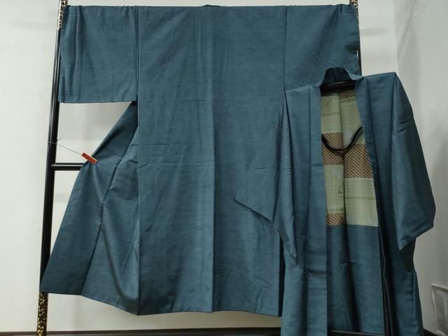 平和屋着物●男性 紬 アンサンブル 色無地 錆御納戸色 キングサイズ 正絹 CAAZ2831yc