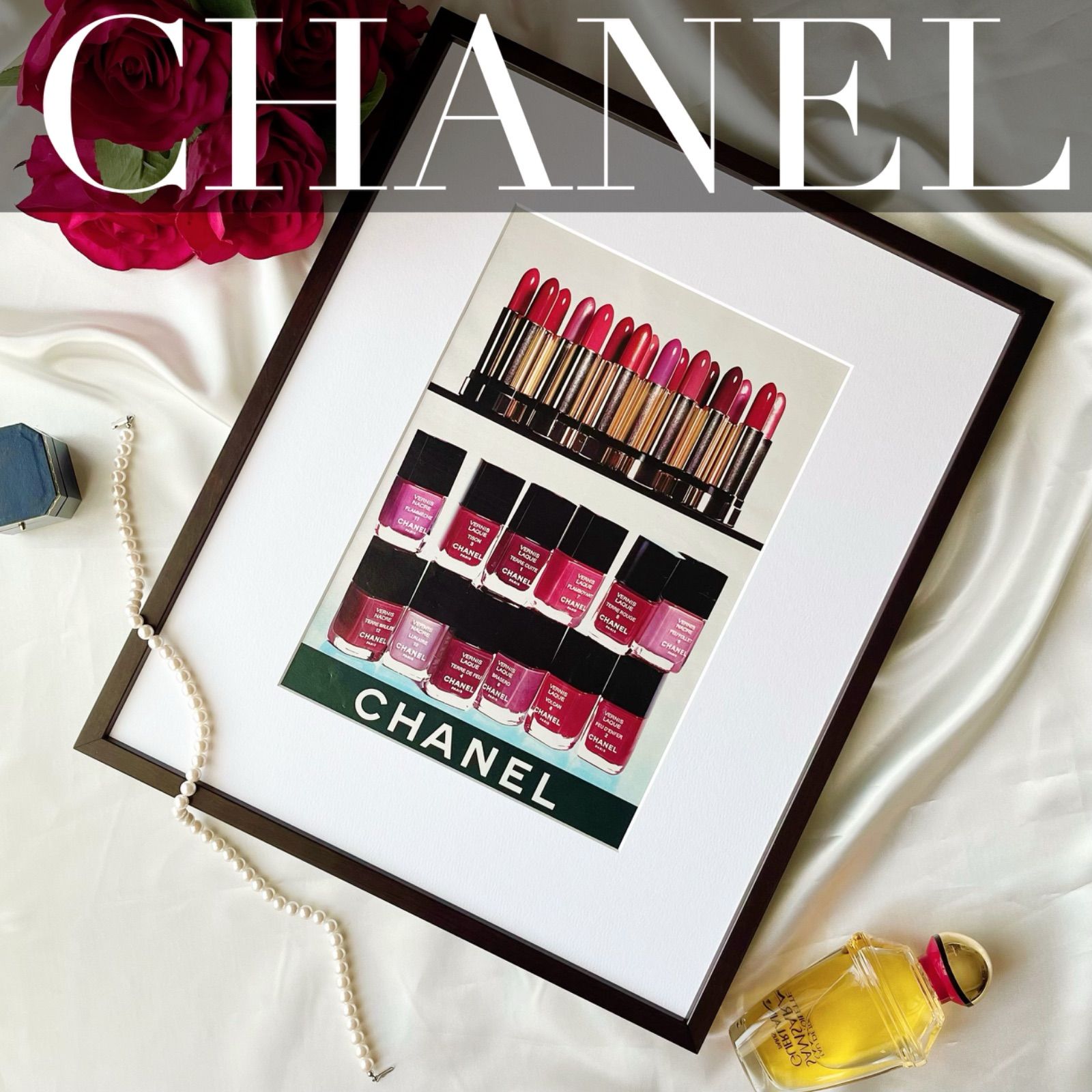 ＜1976 広告＞ CHANEL シャネル  ポスター ヴィンテージ アートポスター フレーム付き インテリア モダン おしゃれ かわいい 壁掛け ピンク ポップ レトロ