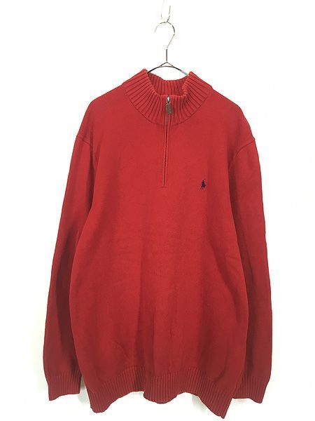 古着 Polo Ralph Lauren ワンポイント ハーフジップ コットン ニット セーター 赤 L Tall 古着 
